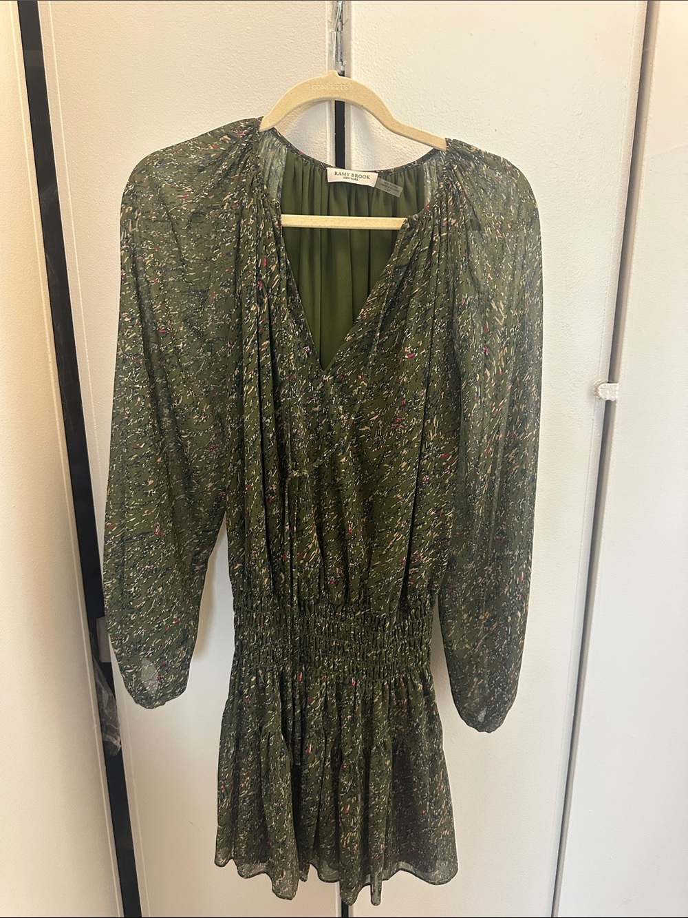 Ramy Brook Olive Green Floral Long Sleeve Mini Dress